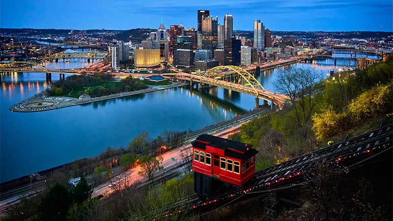 Pittsburgh by night, Duquesne Incline in front.